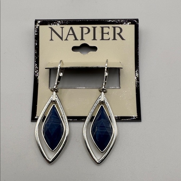NWT Napier Silver Tone Dangle Signed Earrings with Deep Blue Accents - Picture 2 of 5
